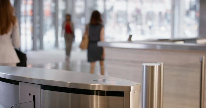 Morning, work and a woman with access to an office with a watch for security. Workplace arrival, door and a female lawyer with technology for conference center accessibility on a system for safety