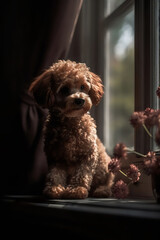Miniature poodle sitting by the window