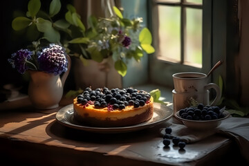 Cheesecake with blueberries, blueberries, on the table near the window, against the background of flowers.