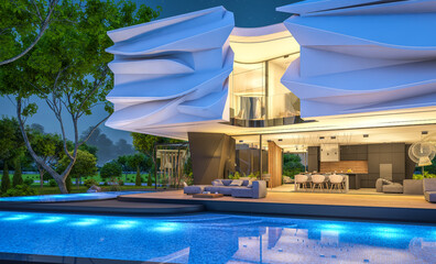 3d rendering of cute cozy modern house with bionic natural curves plastic forms with parking  and pool for sale or rent with beautiful landscape. Clear summer night with many stars on the sky