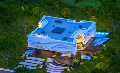 3d rendering of cute cozy modern house with bionic natural curves plastic forms with parking  and pool for sale or rent with beautiful landscape. Clear summer night with many stars on the sky