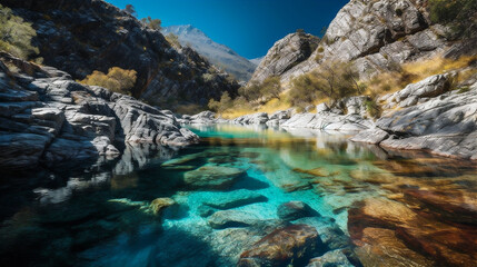 Fototapeta na wymiar Rocky canyon filled with small pools of crystal clear water. AI generated.