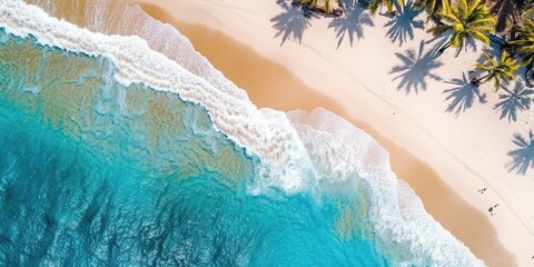 Ocean waves on the white sand beach with palms on bottom of the image as a background. Beautiful natural summer vacation holidays background. Aerial top down view of beach and sea with blue water wave