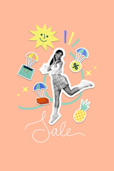 Creative painting template collage of funny young tourist lady levitating enjoy season summer promotion offer