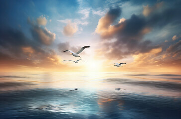 Sky, sea and sunrise with seagulls flying