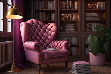 pink armchair in library, surrounded by bookshelves and cozy reading lamps, created with generative ai