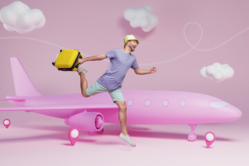 Photo 3d sketch collage picture of funky excited guy hurrying airflight check in isolated pink...