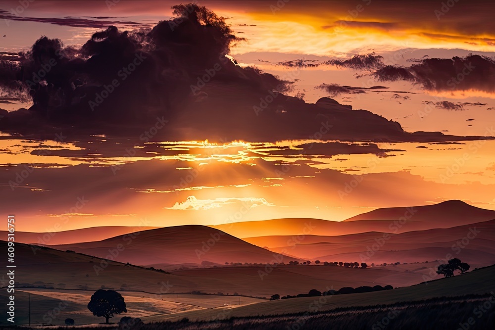 Poster serene sunset over rolling hills, with silhouette of clouds visible, created with generative ai