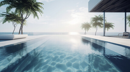 Infinity swimming pool with sea view at luxury resort. Generative AI