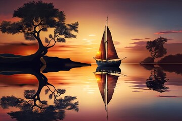 sunset sailboat on tranquil lake, with reflection and serenity, created with generative ai