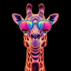 portrait of a gorgeous stylish trendy modern giraffe animal in stylish glasses. Black backgorund. Creative portrait in iridescent neon colors, concept photo in neon lighting. AI generated.