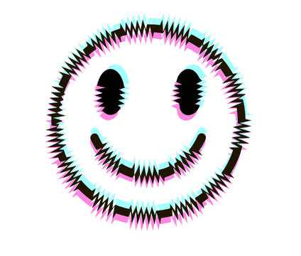 Smile face. Abstract neon glitch. Modern distorted glitch style illustration. RGB-shift effect. Vector trendy cartoon character. Smile, techno print for t-shirt, poster concept