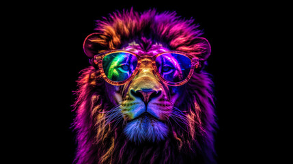 portrait of a gorgeous stylish trendy modern lion animal in stylish glasses. Black backgorund. Creative portrait in iridescent neon colors, concept photo in neon lighting. AI generated.