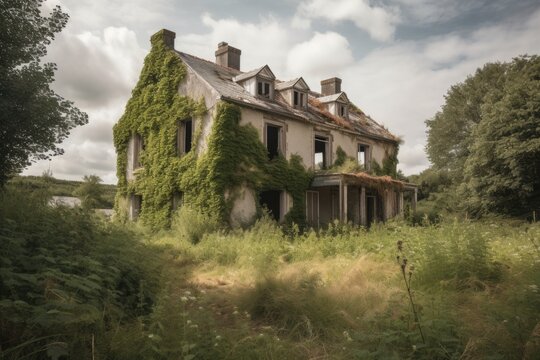 abandoned farmhouse, with overgrown gardens and broken windows, in the heart of a peaceful countryside, created with generative ai