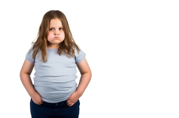Fototapeta premium Obese of overweight girl or child, posing on full figure, isolated on a white background. Shallow field of view, Illustrative generative AI. not a real person. 