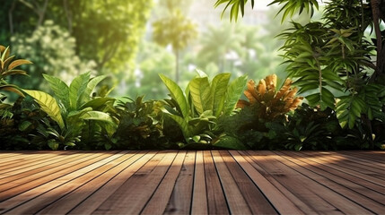 Empty wooden terrace with green wall 3d render, There are wood plank floor with tropical style tree garden background sunlight shine on the tree. Generative Ai.