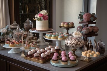 Fototapeta na wymiar decorative cake bar with mini cakes, cupcakes, and cake pops, created with generative ai