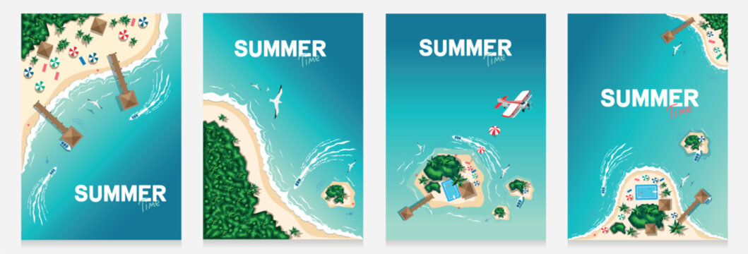 Aerial view of tropical beach and islands. Summer travel. Motor boats, seagulls, bungalows, sun loungers and palm trees on a tropical beach by the sea. Set of vector illustration in flat style.