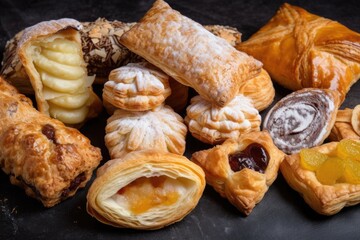 variety of flaky puff pastries and turnovers, each with unique fillings, created with generative ai