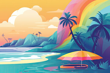 Illustration of a beach with an umbrella and surfboards at sunset