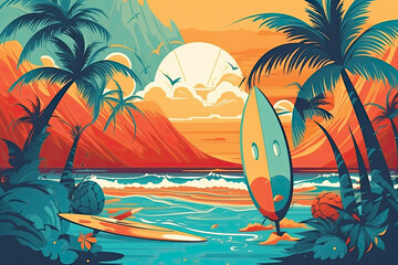 Illustration of a beach with an umbrella and surfboards at sunset