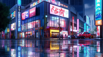 Fototapeta na wymiar Rendering of billboards and advertisement signs at modern buildings in capital city with light reflection from puddles on street. Concept for night life. Generative Ai.