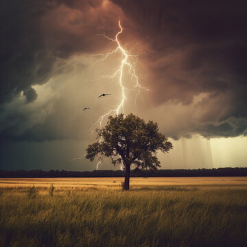 Tree hit by lightning in storm 