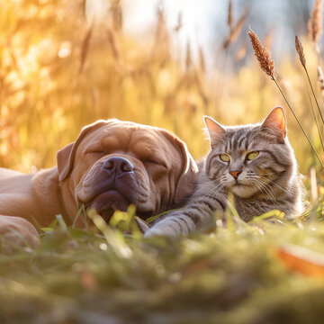 cat and dog sleeping in summer leafy field