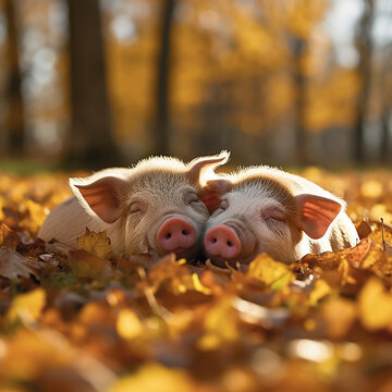 two happy pigs sleeping in summer leafy field