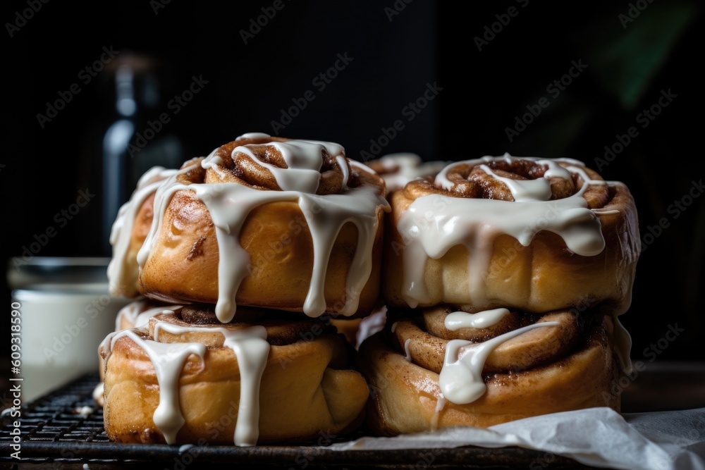 Sticker stack of warm, gooey cinnamon rolls drizzled with sweet icing, created with generative ai