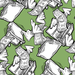 Money seamless pattern background for print design. Hundred dollars banknotes, a lot of cash for finance. economy, business theme for success. Hand drawn line illustration, cartoon style drawing.