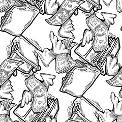 Money seamless pattern background for print design. Hundred dollars banknotes, a lot of cash for finance. economy, business theme for success. Hand drawn line illustration, cartoon style drawing.