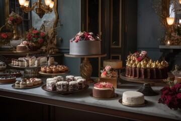 luxe holiday bakery, with decadent pastries and richly decorated cakes, created with generative ai