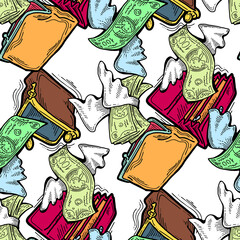 Money seamless pattern background for print design. Hundred dollars banknotes, a lot of cash for finance. economy, business theme for success. Hand drawn line illustration, cartoon style drawing.