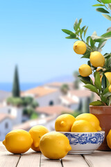 Rustic wooden table with lemons over Sicilian panorama, digital art, generative AI
