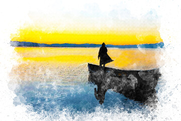 Colorful watercolor lonely man on white background