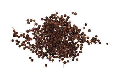 Black pepper, spice close-up flat lay on a white background. Indian and Arabic spices for cooking. Medicinal herbs and spices.