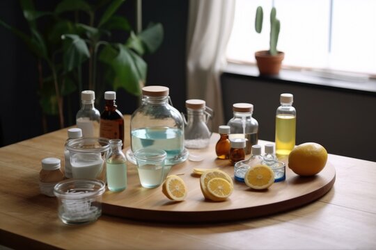 homemade cleaning product demonstration, with supplies and tools on the table, created with generative ai