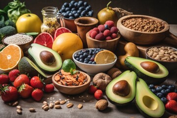 a tempting spread of immune-boosting foods including fruits, vegetables, and nuts, created with generative ai