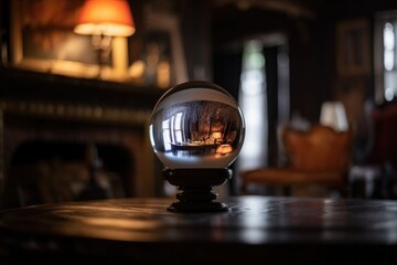 Fototapeta na wymiar magic crystal ball, reflecting the light of a fireplace, surrounded by warm and cozy scene, created with generative ai