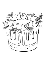 contour line illustration sketch food sweet cake with chocolate cherries and blueberries celebration element coloring book design logo print and stickers