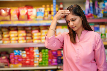 Indian woman panic from inflation. giving sad expression at grocery shop.