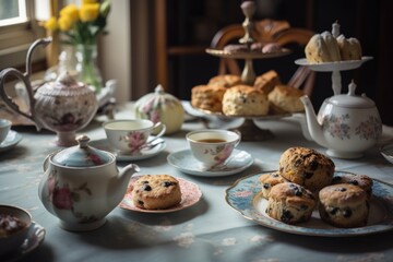 an afternoon tea party, with scones and muffins served on delicate plates, created with generative ai