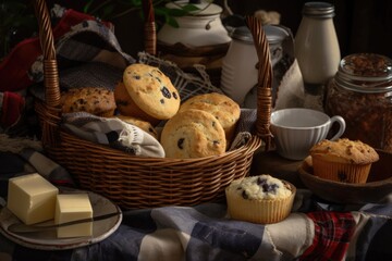 tea-time treats assortment, with homey scones and muffins on a checkered cloth, created with generative ai