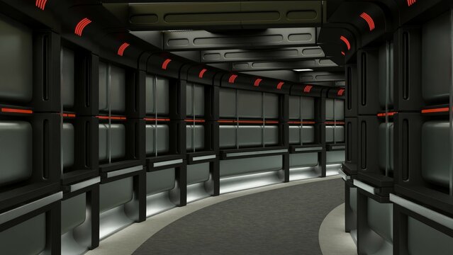 Walk through a spaceship in a corridor