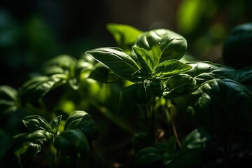 Fresh sweet basil leaves. Basil plant with green leaves on dark background. Fresh herbs for cooking, used in cuisines worldwide. Ocimum basilicum. Health eating concept.  Generative AI. - obrazy, fototapety, plakaty