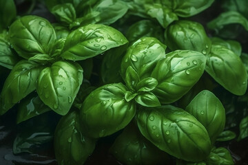 Fresh sweet basil leaves with drops of water. Basil plant with green leaves on dark background. Fresh herbs for cooking, used in cuisines worldwide. Ocimum basilicum. Health eating - obrazy, fototapety, plakaty