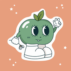 Sticker with a cartoon image of an apple in groove style on a pink background. Vector illustration in retro style for projects.