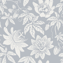 Seamless monochrome pattern with flowers. Background with decorative climbing flowers. Nature wallpaper. Design for textile, wallpaper, bed linen, paper, invitation, cover. Floral backdrop