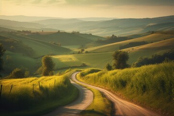 Naklejka premium countryside with rolling hills and winding road, created with generative ai